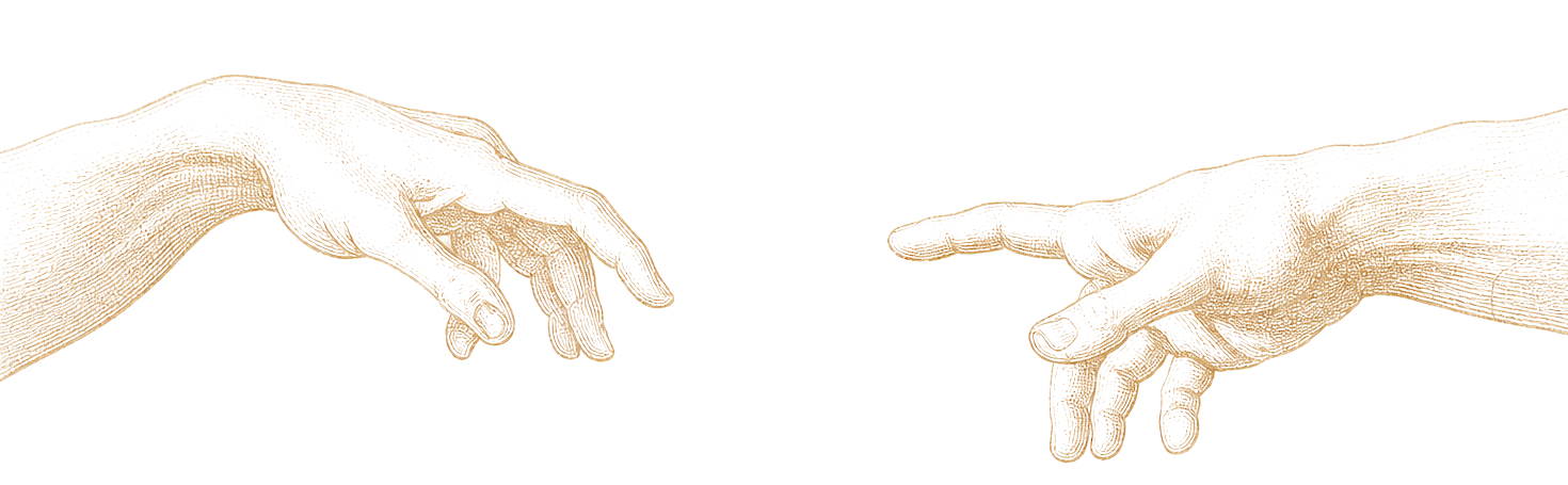 Two engraved hands approaching, the Fidus visual signature